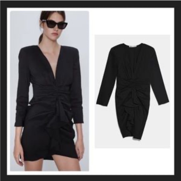 Zara Black Linen Blend Line Ruched Ruffle Front Deep V-Neck Dress Womens Small - Picture 1 of 10